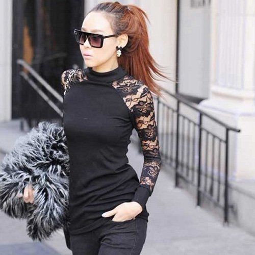 Womens Lace Sleeve Halter Neck Fashion Top BLACK on